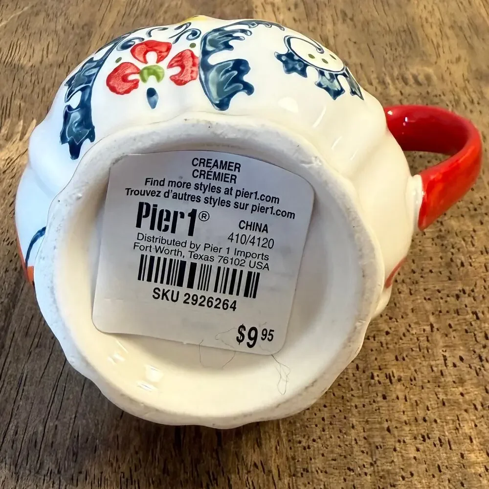 Pier 1 Imports Teapot + Creamer Paisley Flowers Stoneware Handpainted Red White